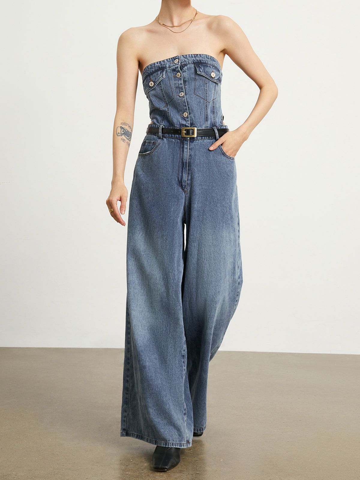 Denim Wide Leg Tube Jumpsuit sold by COMMENSE