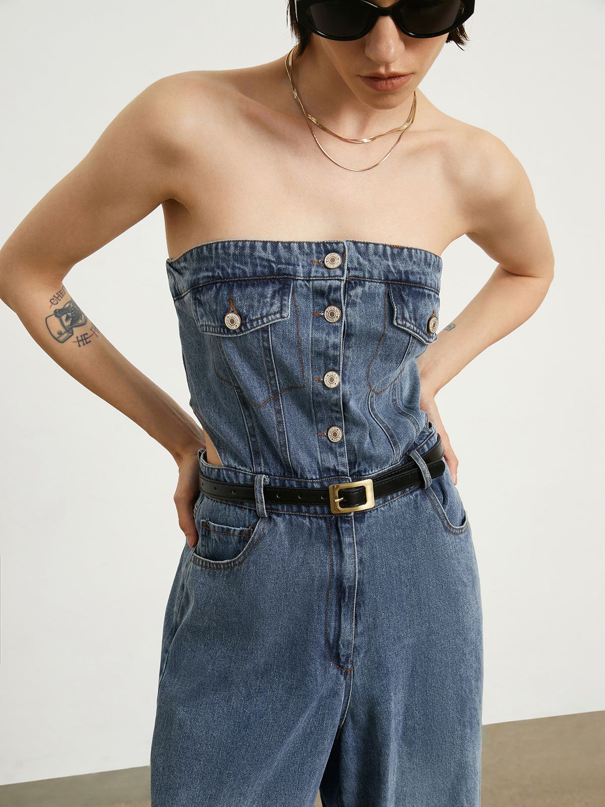 Denim Wide Leg Tube Jumpsuit sold by COMMENSE product image thumbnail 5