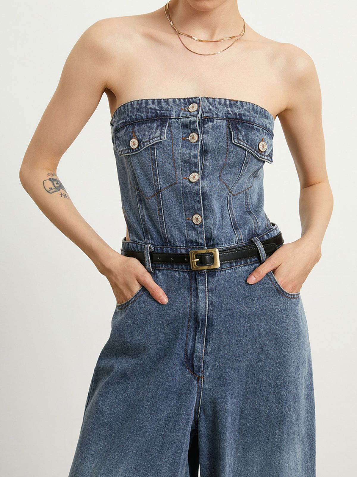 Denim Wide Leg Tube Jumpsuit sold by COMMENSE product image thumbnail 3