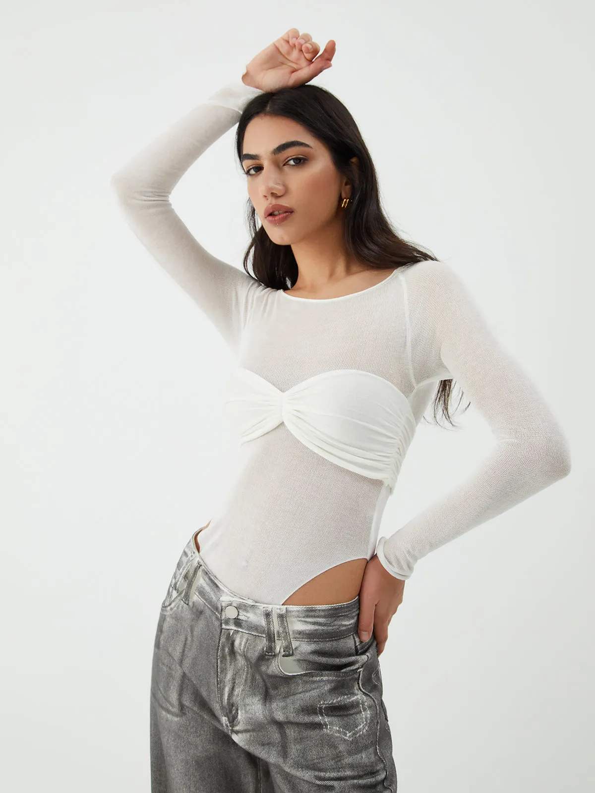 Sheer Patchwork Long Sleeve Bodysuit sold by COMMENSE product image thumbnail 4