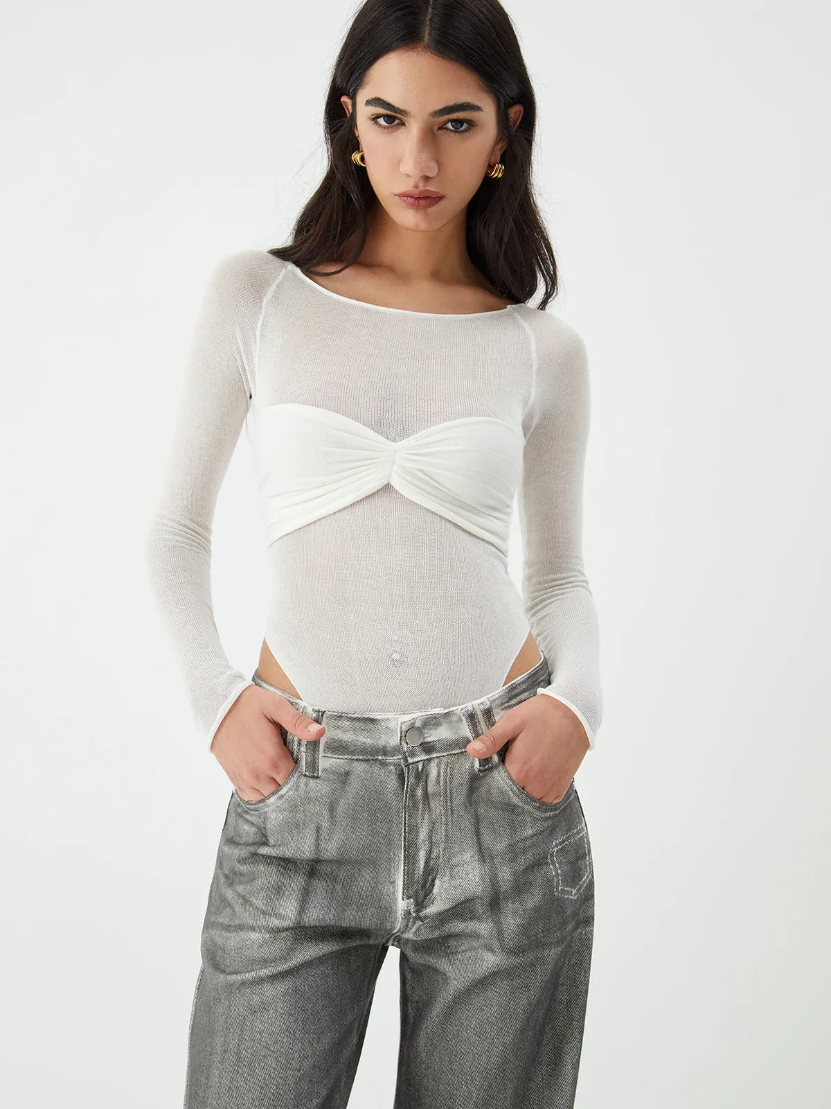 Sheer Patchwork Long Sleeve Bodysuit sold by COMMENSE product image thumbnail 5