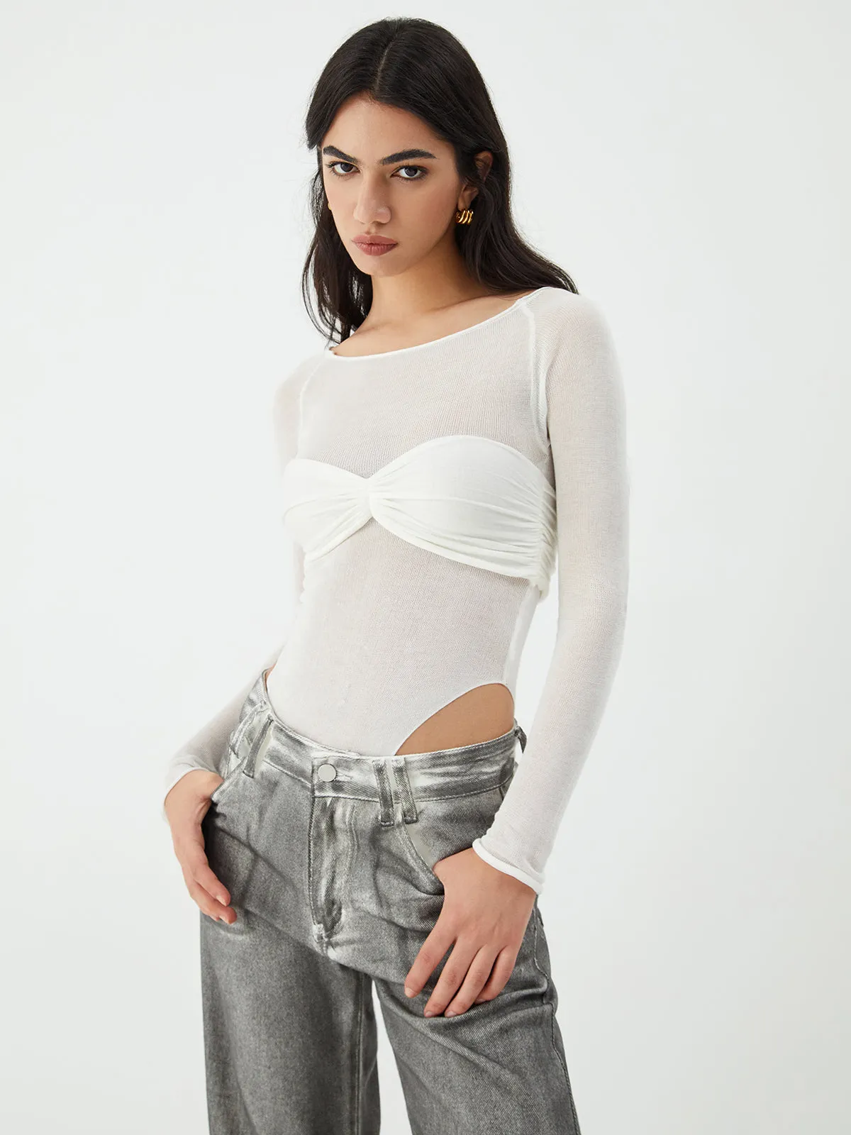 Sheer Patchwork Long Sleeve Bodysuit sold by COMMENSE product image thumbnail 2