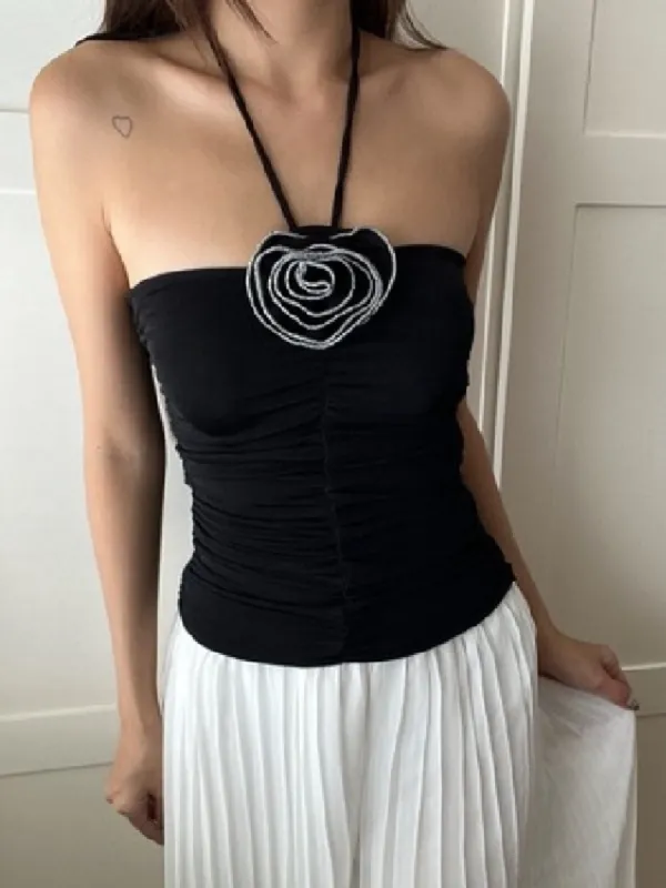 Halter Neck Rosette Bud Tank Top sold by COMMENSE
