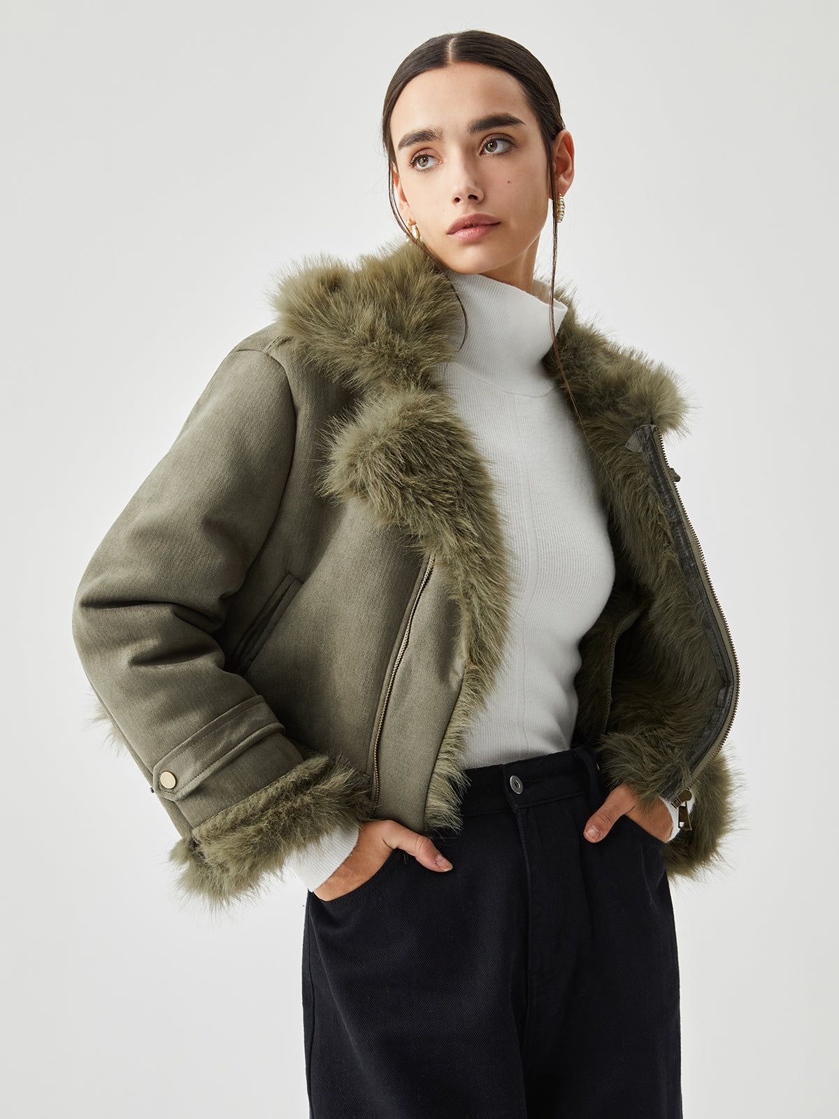 Fuzzy Contrast Trim Patchwork Jacket sold by COMMENSE