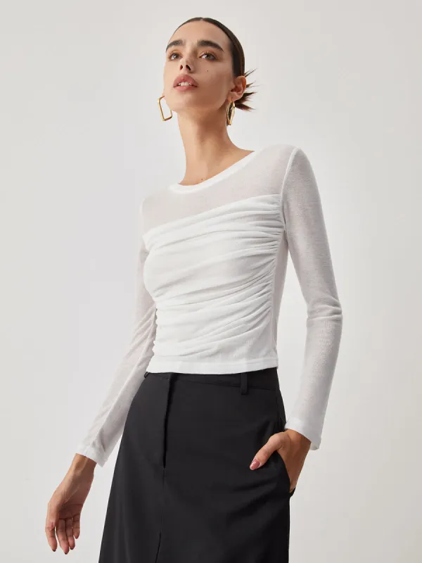 Ruched Semi-Sheer Long Sleeve Shirt sold by COMMENSE