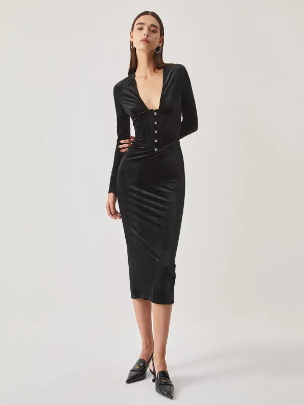 Velvet Corset Plunge Long Sleeve Midi Dress sold by COMMENSE