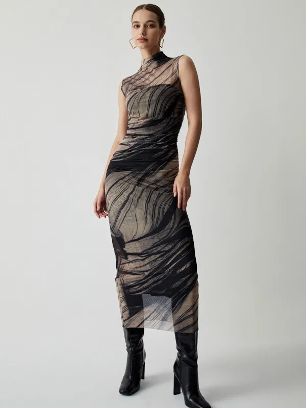 Ruched Tulle Mesh Mock Neck Long Dress sold by COMMENSE