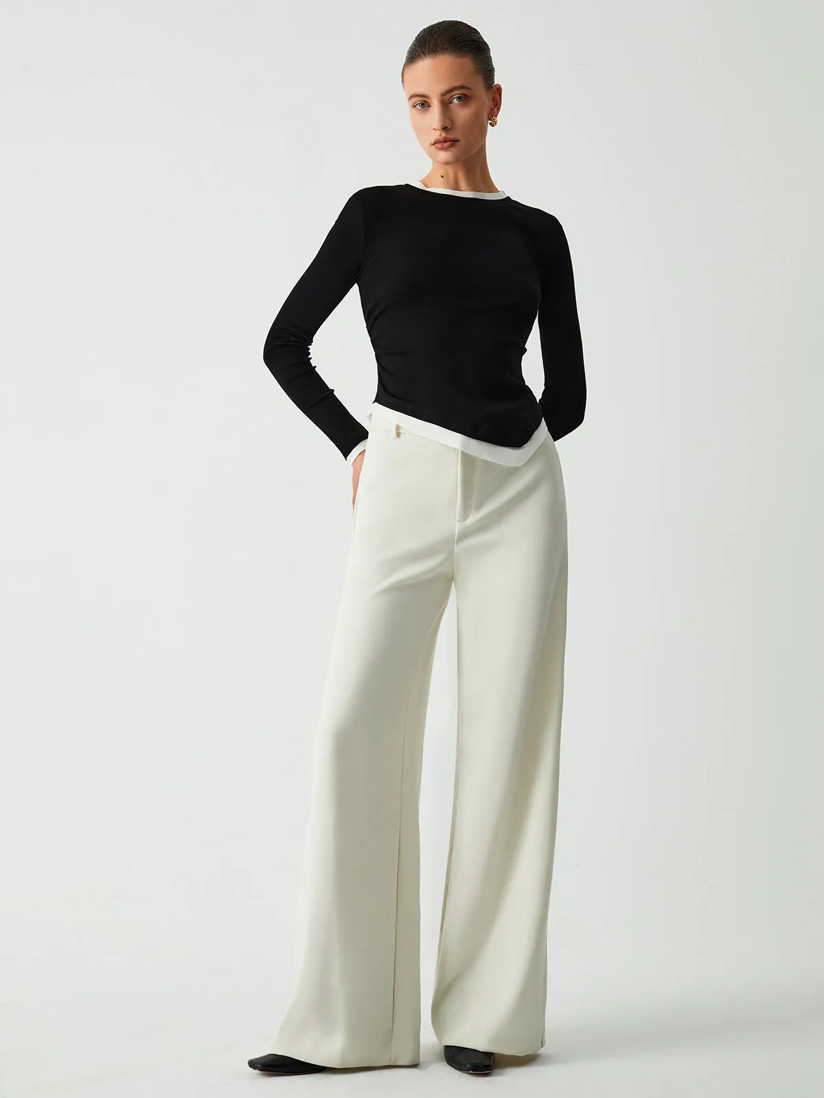 Asymmetric Hem Contrast Trim Long Sleeve Shirt sold by COMMENSE product image thumbnail 2