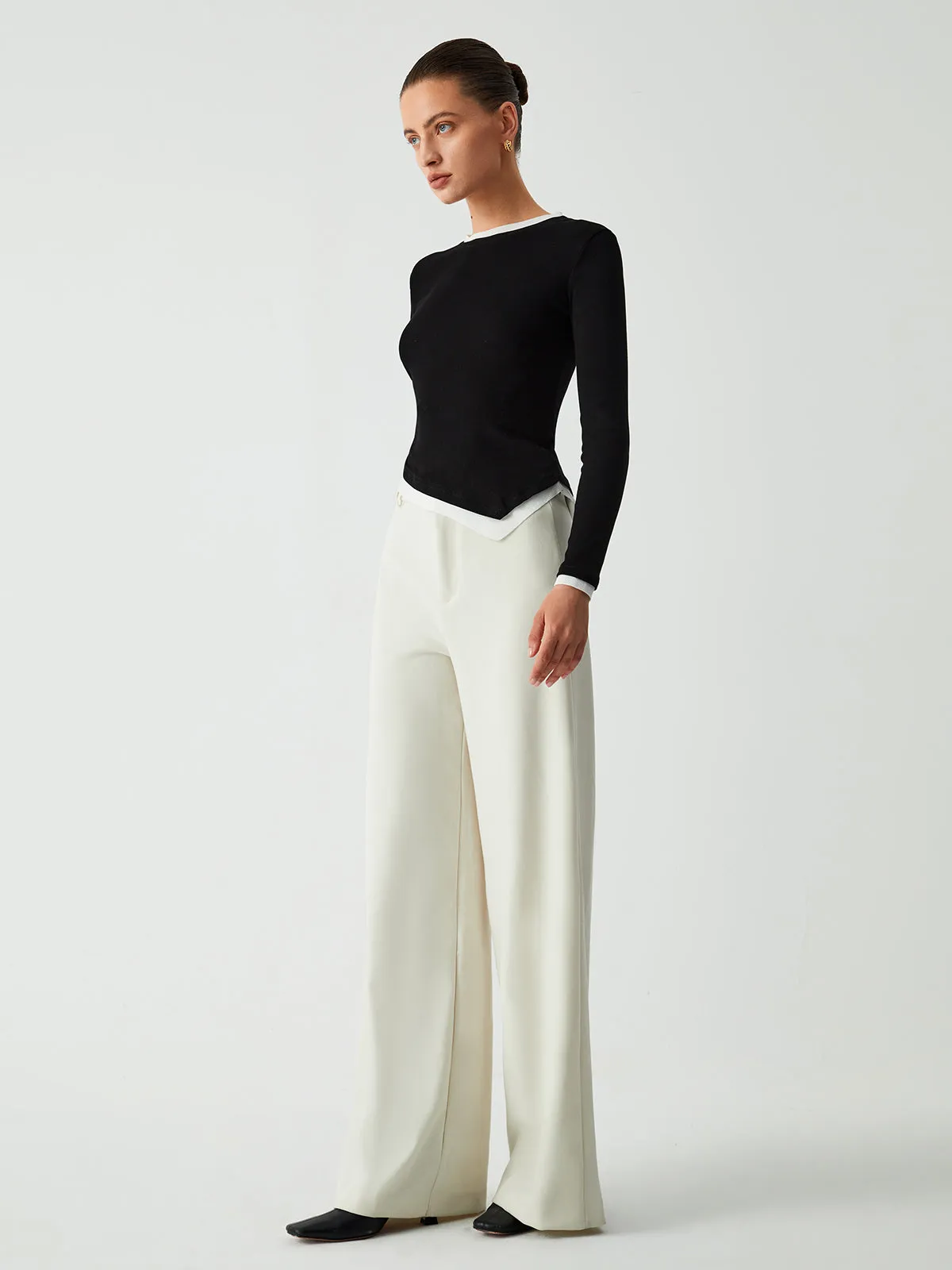 Asymmetric Hem Contrast Trim Long Sleeve Shirt sold by COMMENSE product image thumbnail 3