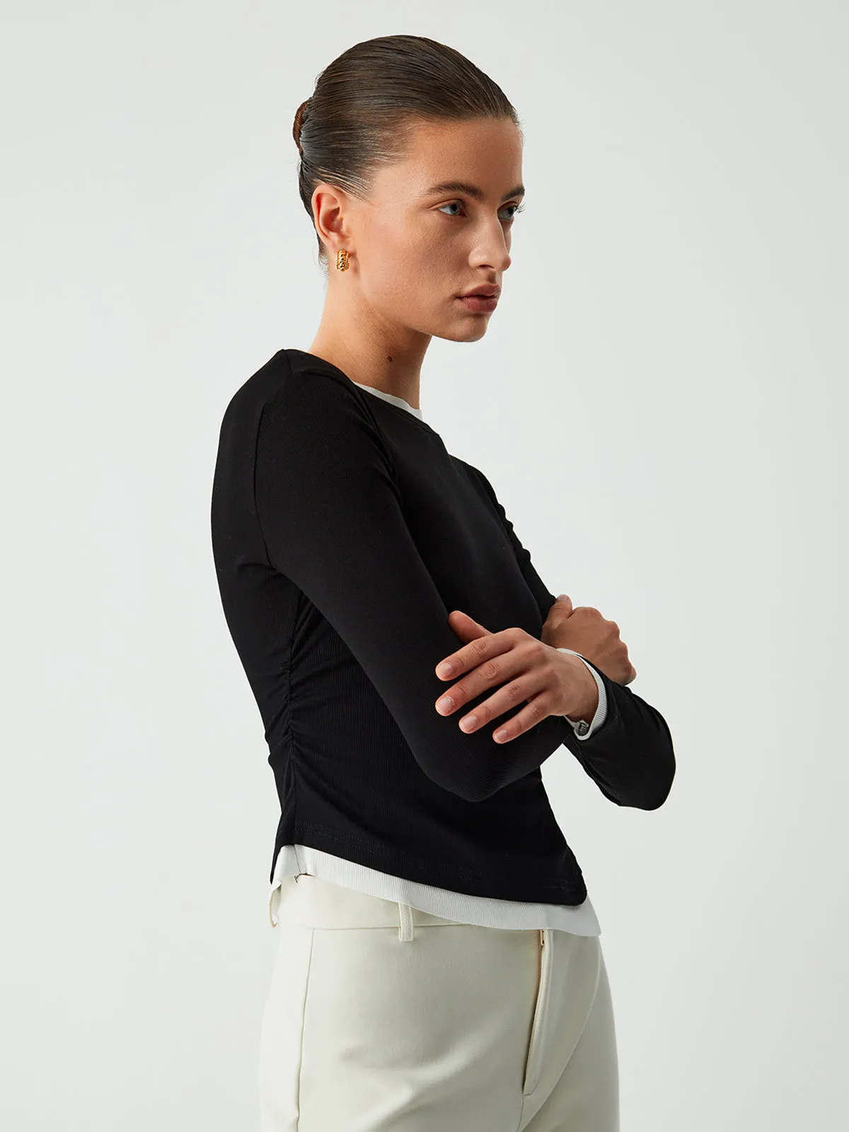 Asymmetric Hem Contrast Trim Long Sleeve Shirt sold by COMMENSE product image thumbnail 4