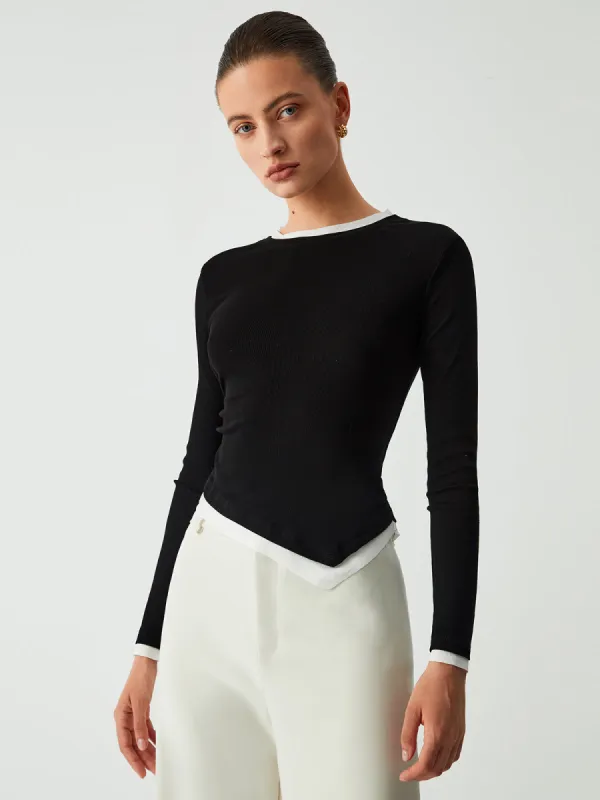 Asymmetric Hem Contrast Trim Long Sleeve Shirt sold by COMMENSE