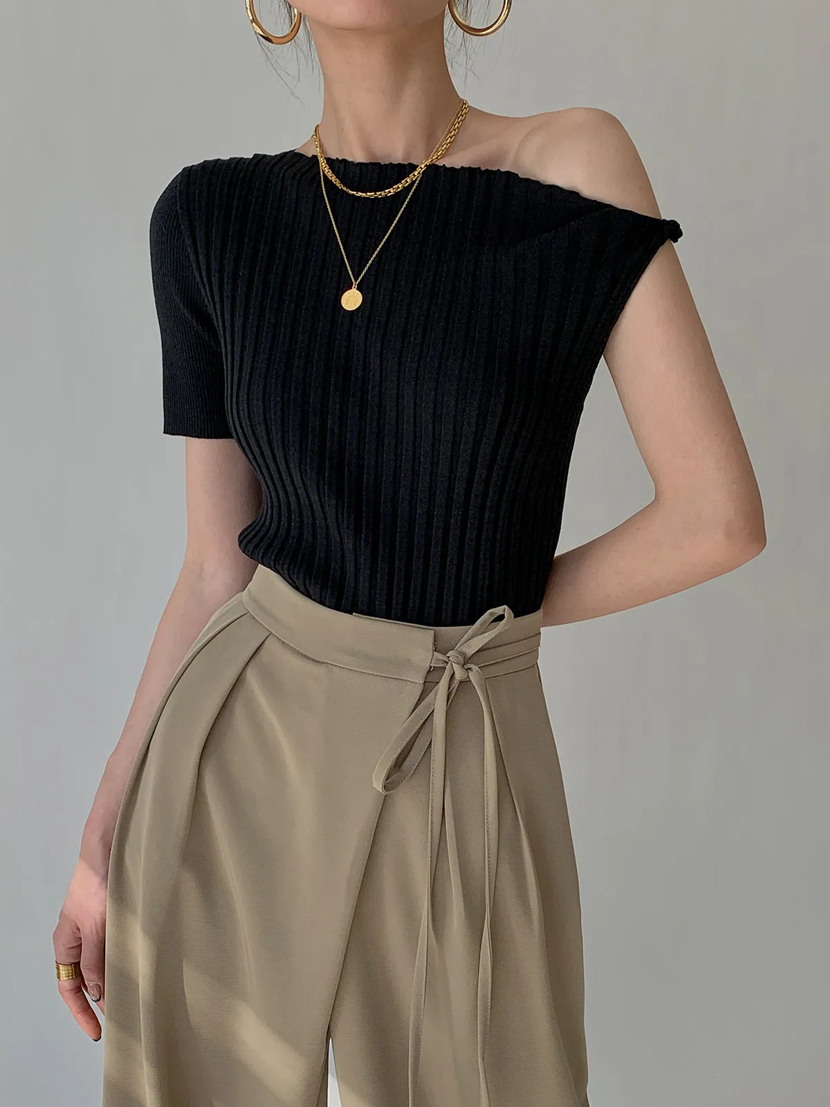 Asymmetrical Neck One Shoulder Off Knit Top sold by COMMENSE