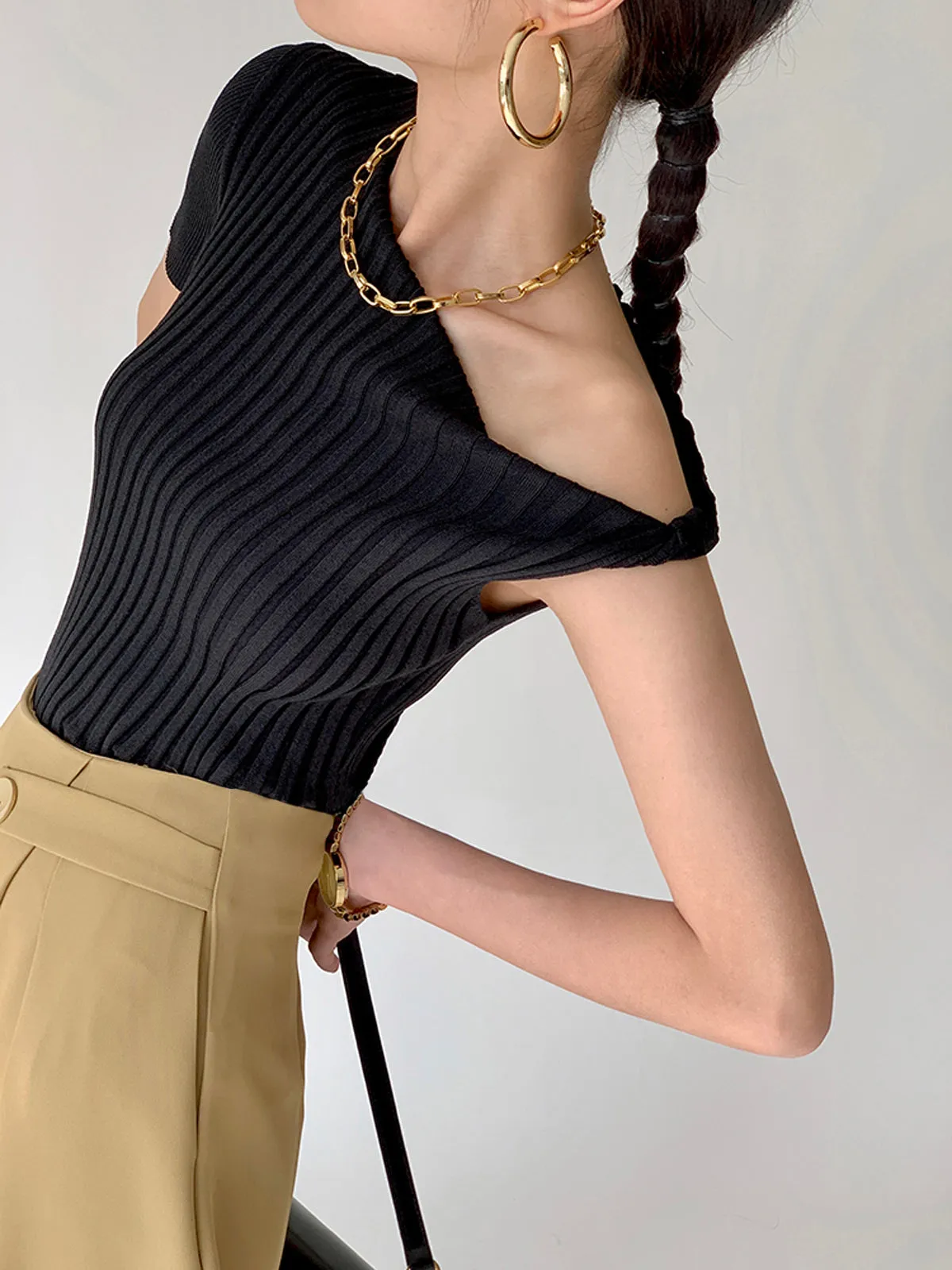 Asymmetrical Neck One Shoulder Off Knit Top sold by COMMENSE product image thumbnail 2