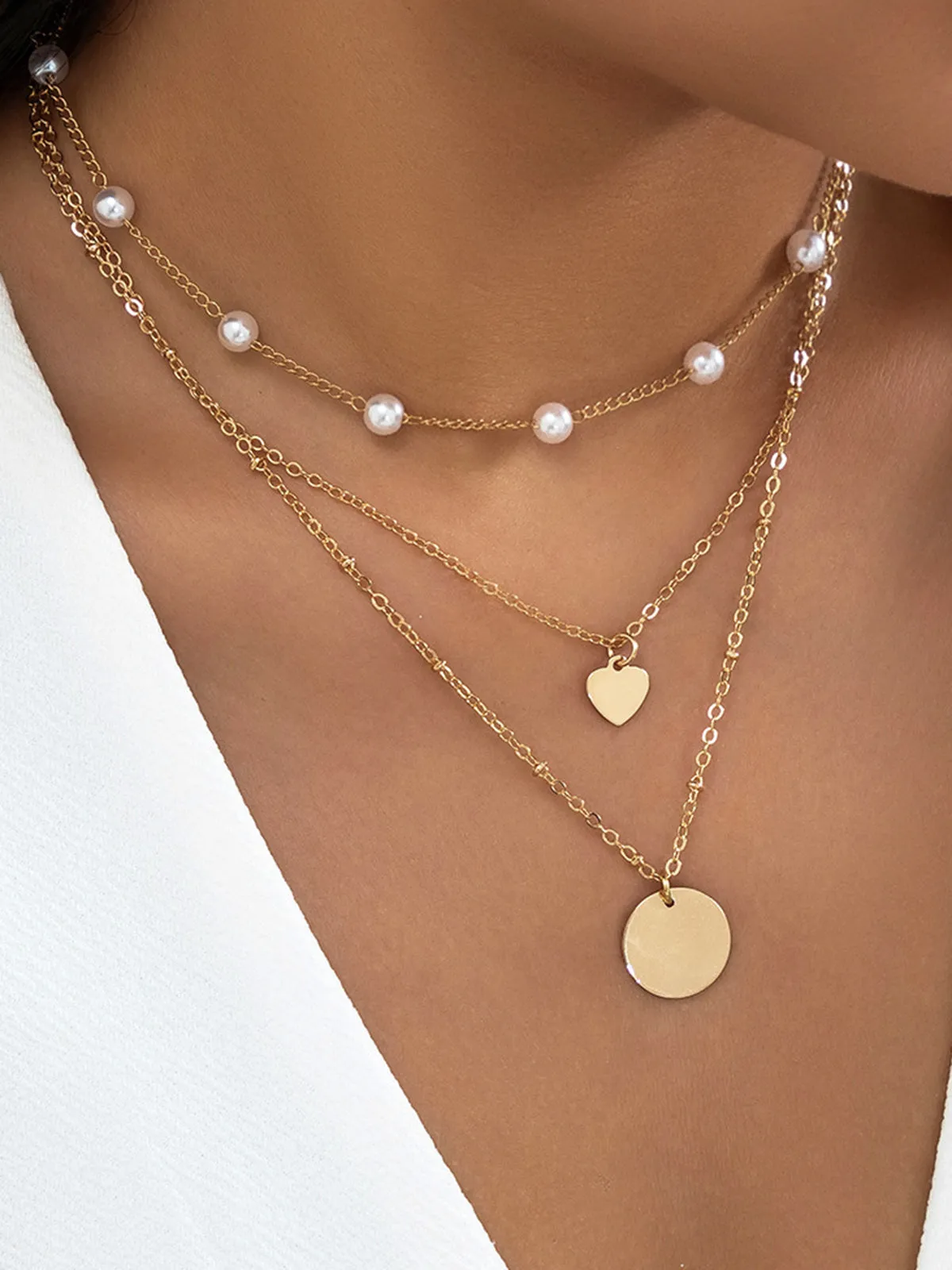 Metal Sequin Imitation Pearl Stacking Necklace sold by COMMENSE
