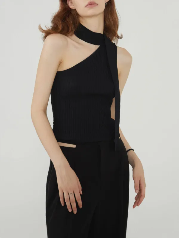 Halter Oblique Strap Rib Knit Top sold by COMMENSE