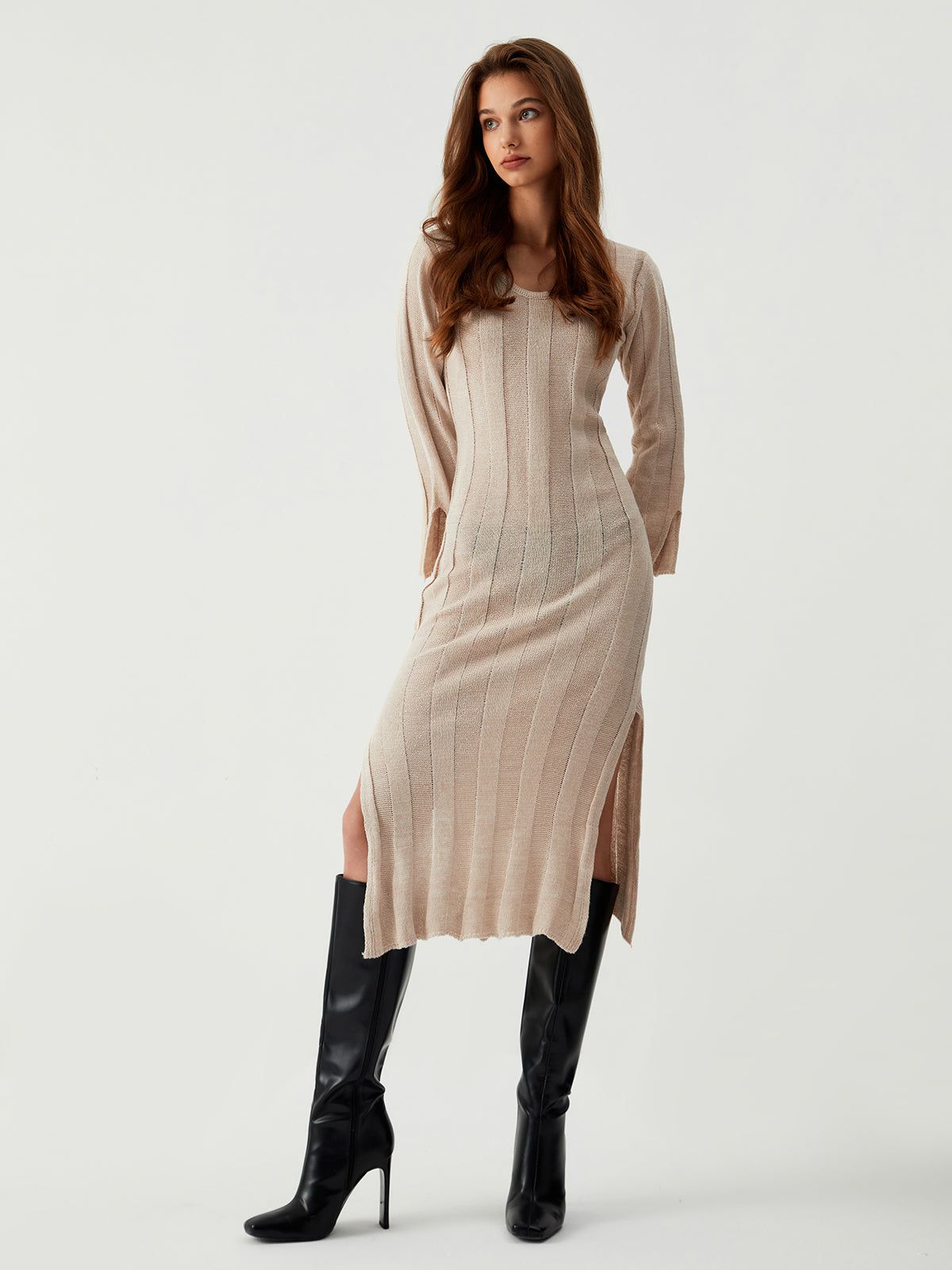 Open Knit Long Sleeve Midi Sweater Dress sold by COMMENSE product image thumbnail 2