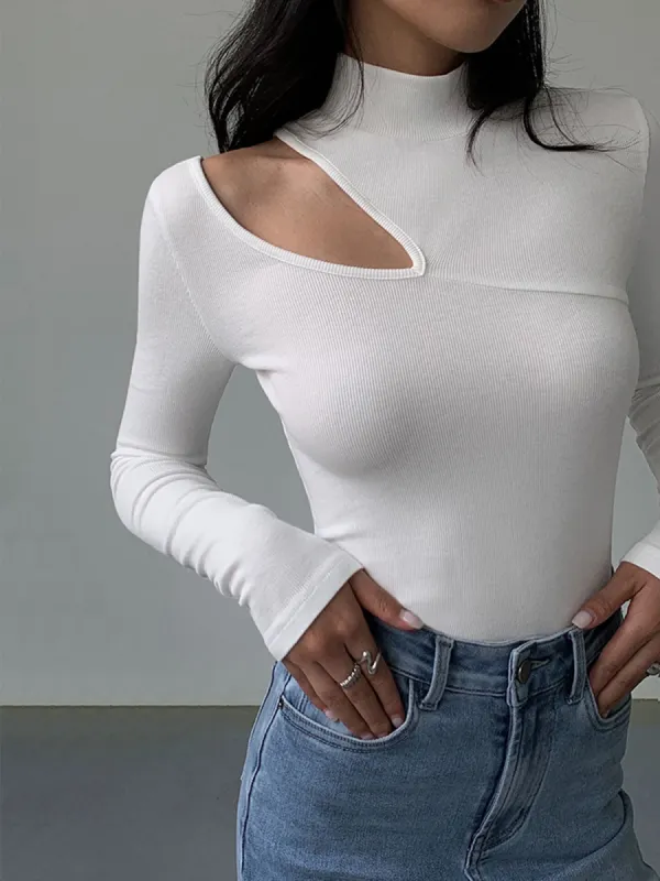 Easy On Me Cutout Mock Neck Long Sleeve Top sold by COMMENSE