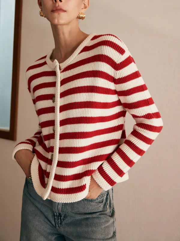 Crew Neck Striped Jersey Cardigan sold by COMMENSE