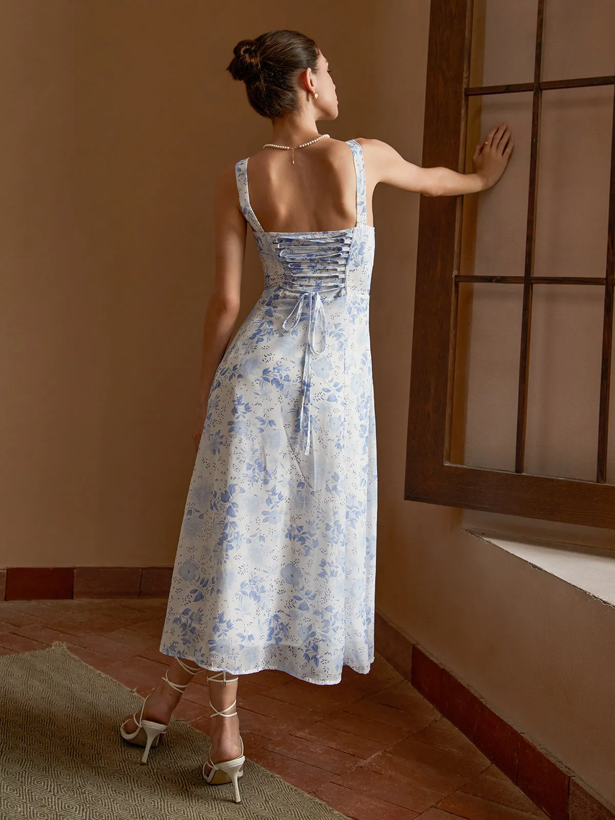 Square Neck Floral Ruched Midi Dress sold by COMMENSE product image thumbnail 5