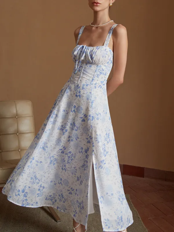 Square Neck Floral Ruched Midi Dress sold by COMMENSE