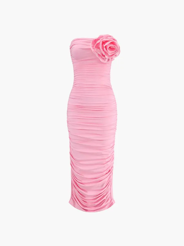 Romantic Ruched Rosette Decor Midi Dress sold by COMMENSE