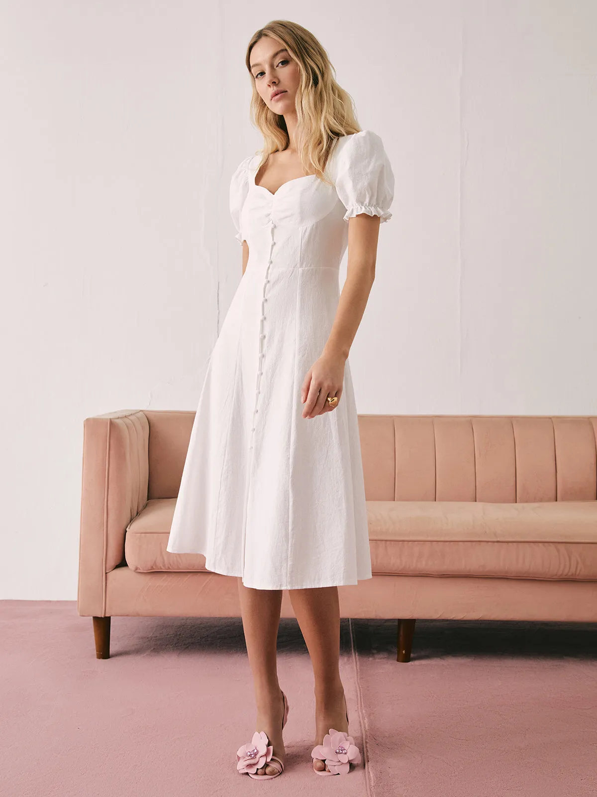 Sweetheart Puff Sleeve Button Down Midi Dress sold by COMMENSE product image thumbnail 2