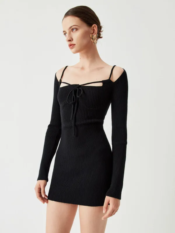 Knit Tied Cutout Long Sleeve Short Sweater Dress sold by COMMENSE