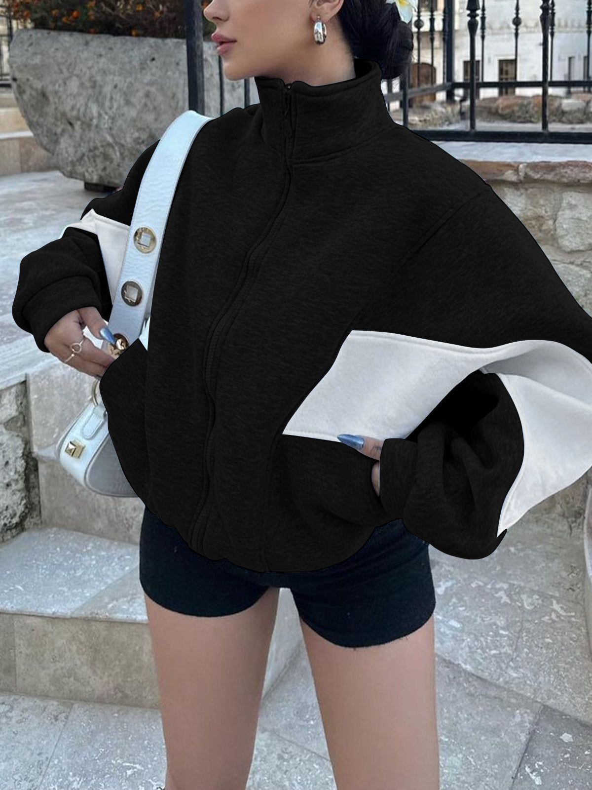 Colorblock Pocket Stand Collar Zippered Jacket sold by COMMENSE product image thumbnail 2