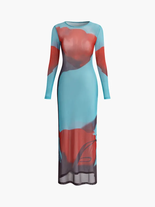 Floral Crew Neck Long Sleeve Split Dress sold by COMMENSE