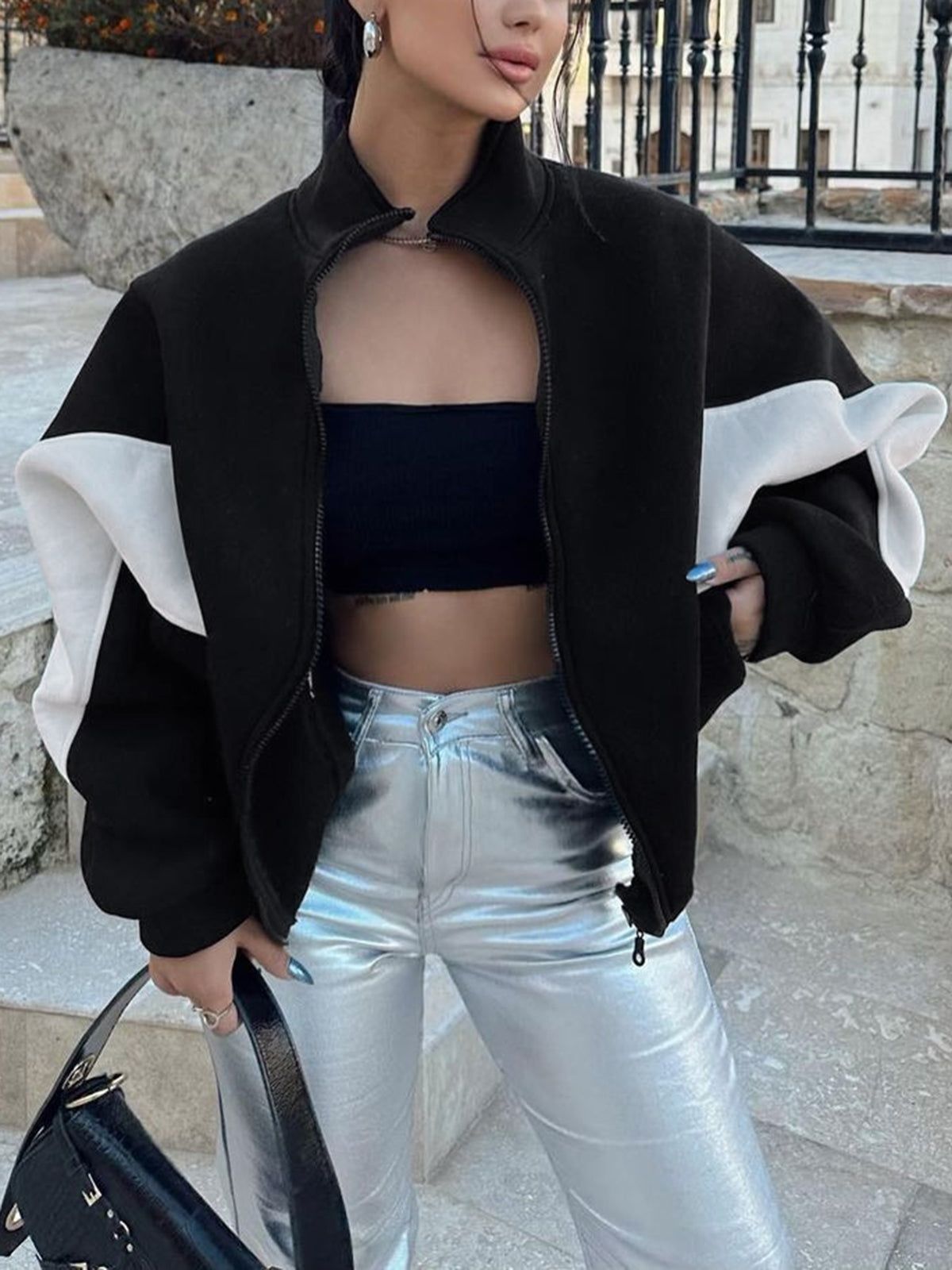 Colorblock Pocket Stand Collar Zippered Jacket sold by COMMENSE product image thumbnail 3