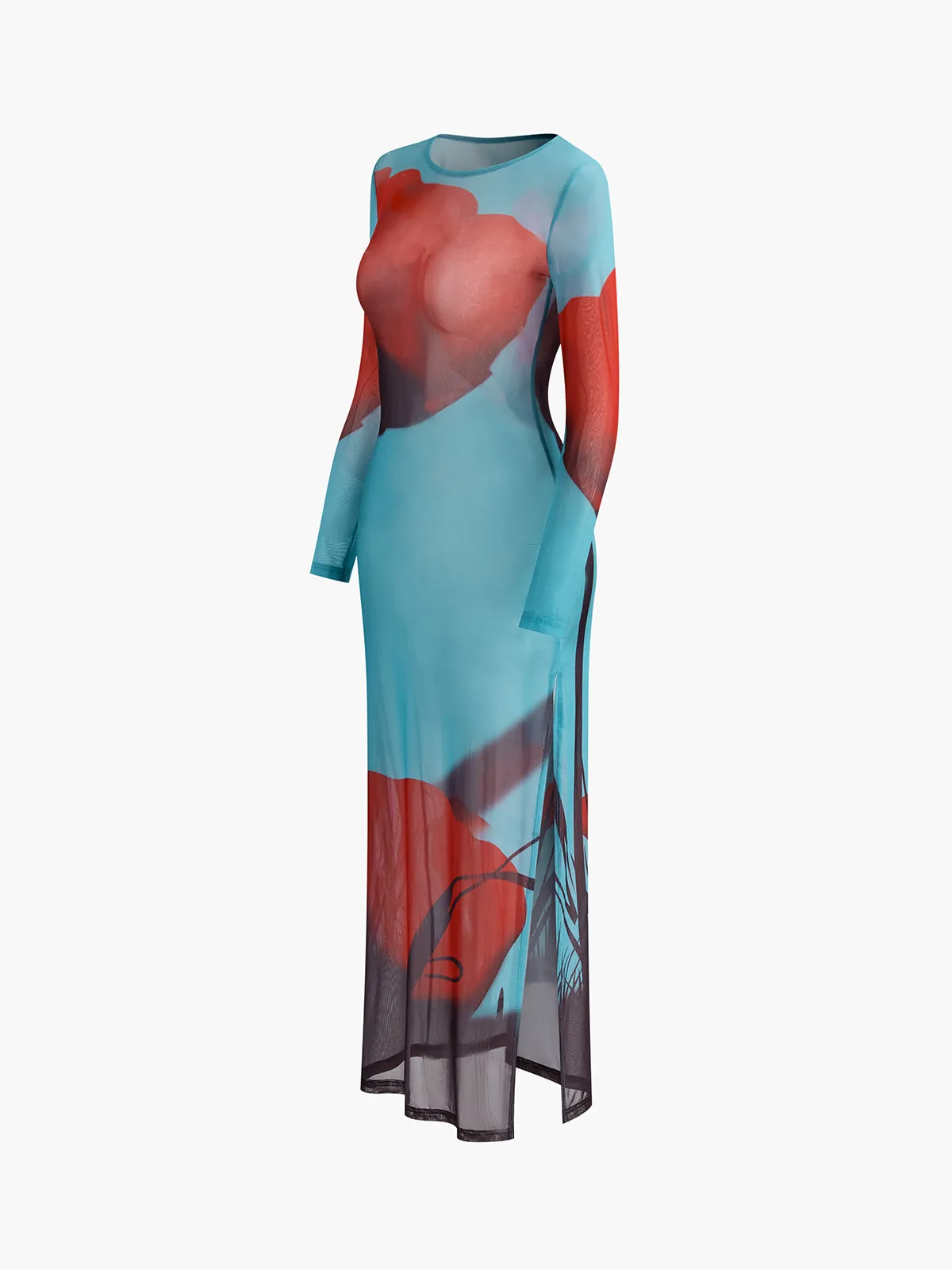 Floral Crew Neck Long Sleeve Split Dress sold by COMMENSE product image thumbnail 2