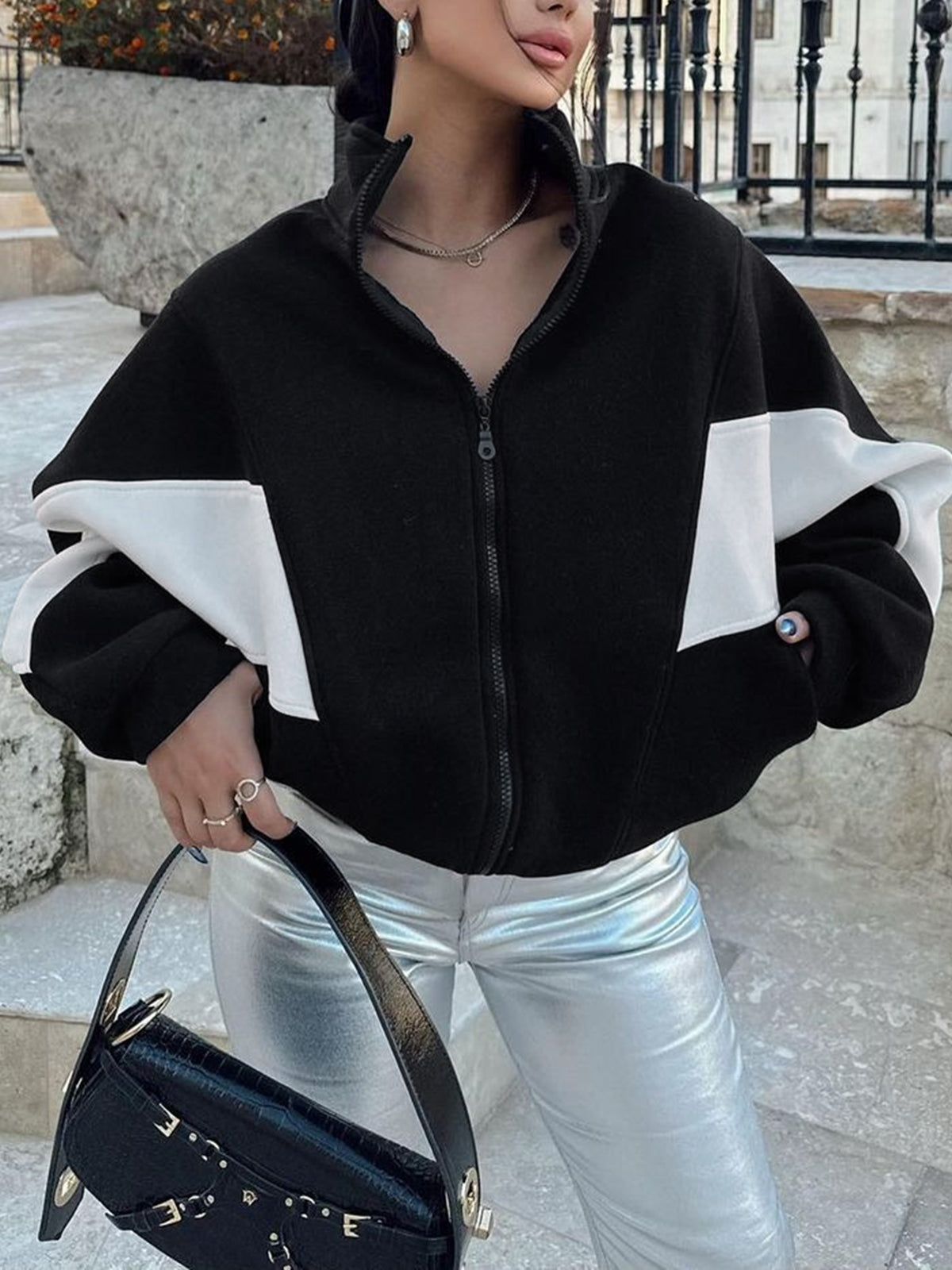 Colorblock Pocket Stand Collar Zippered Jacket sold by COMMENSE