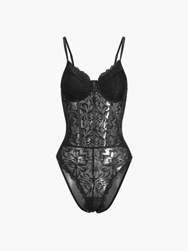 Floral Scalloped Edge Lace Cut Out Bodysuit sold by COMMENSE