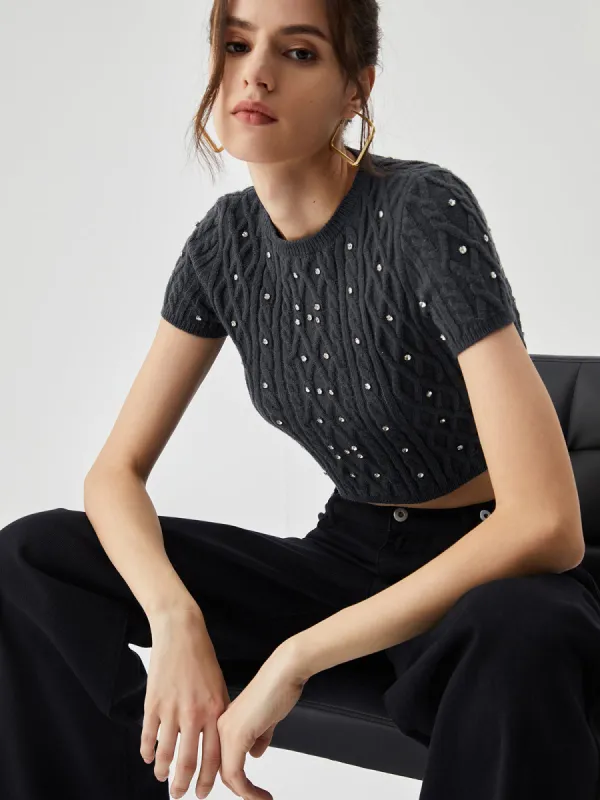 Rhinestones Decor Cable Knit Crop Top sold by COMMENSE