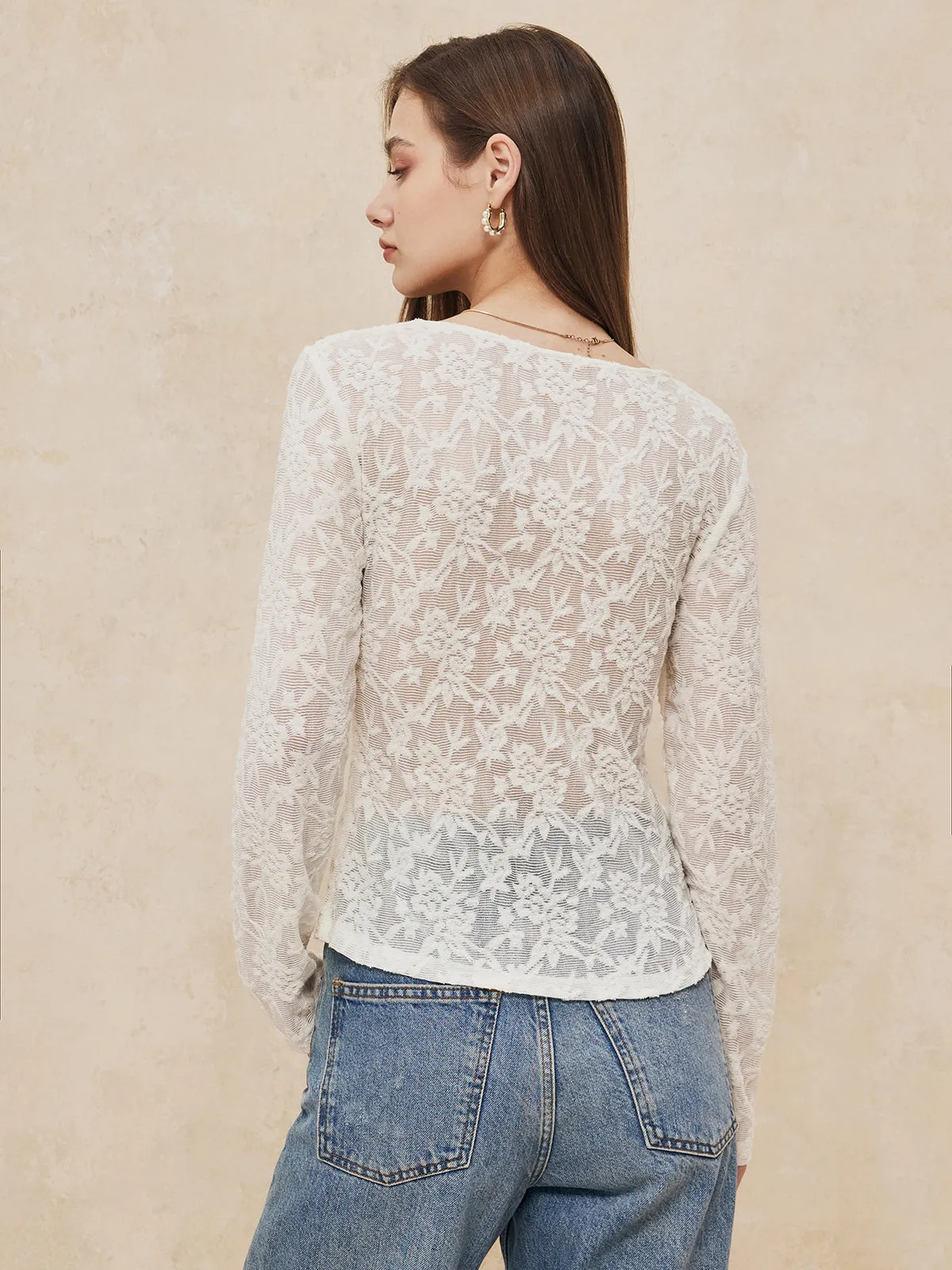 Asymmetrical Lace Long Sleeve Blouse sold by COMMENSE product image thumbnail 5