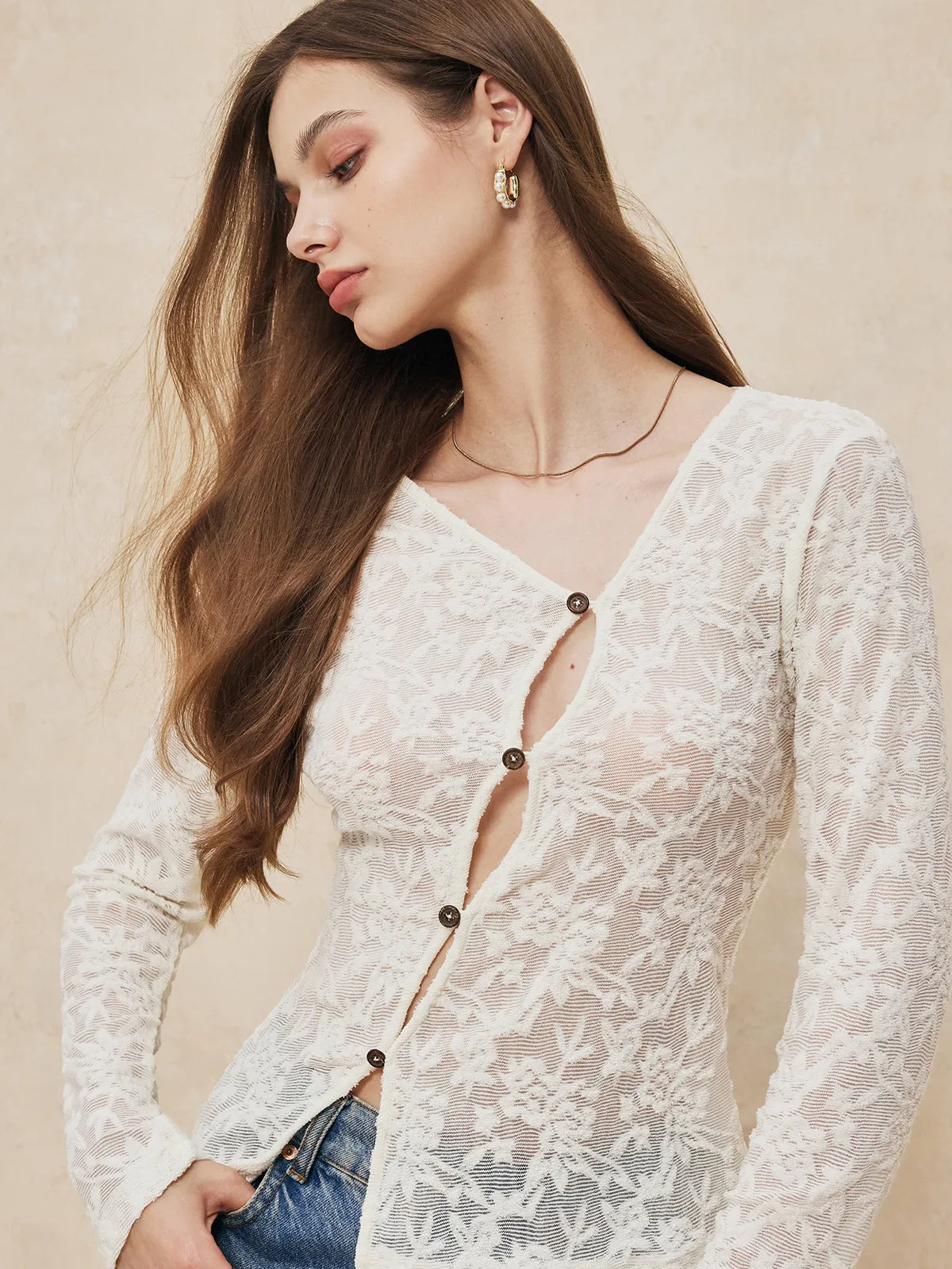 Asymmetrical Lace Long Sleeve Blouse sold by COMMENSE product image thumbnail 2