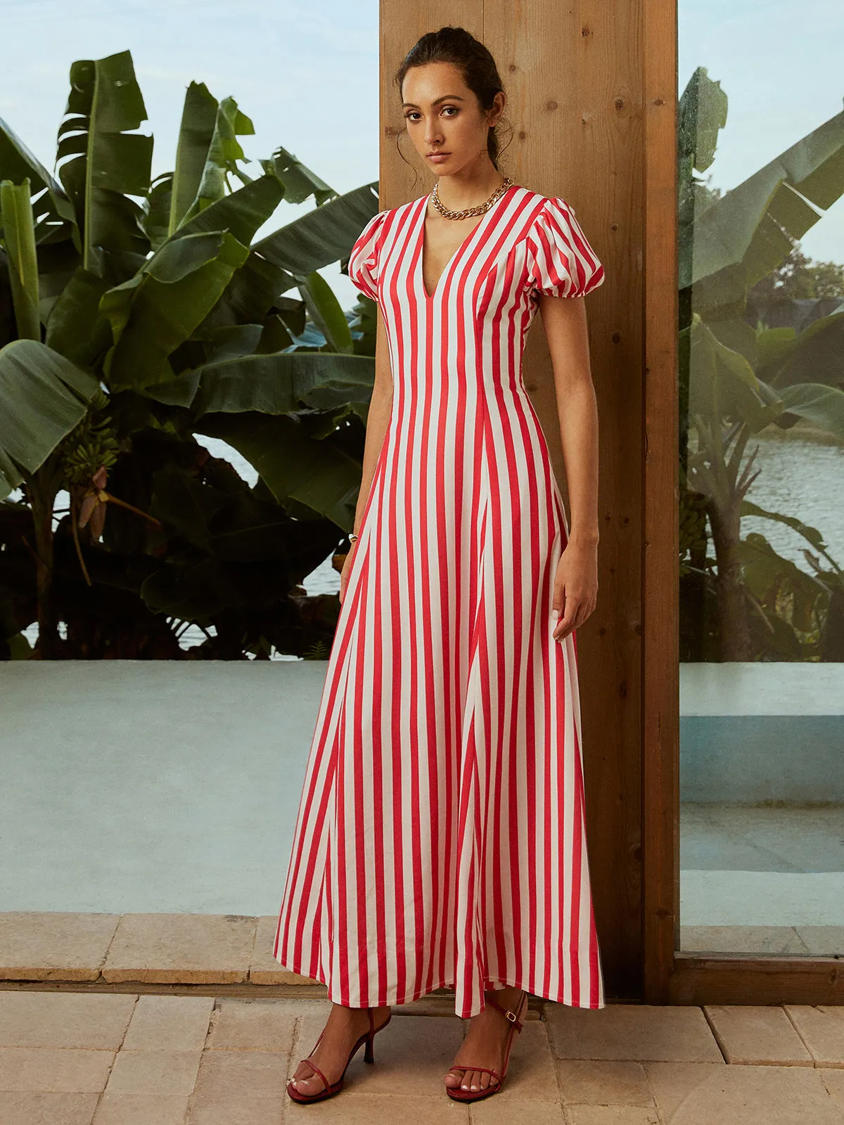 Striped V-Neck Puff Sleeves Pockets Long Dress sold by COMMENSE product image thumbnail 5