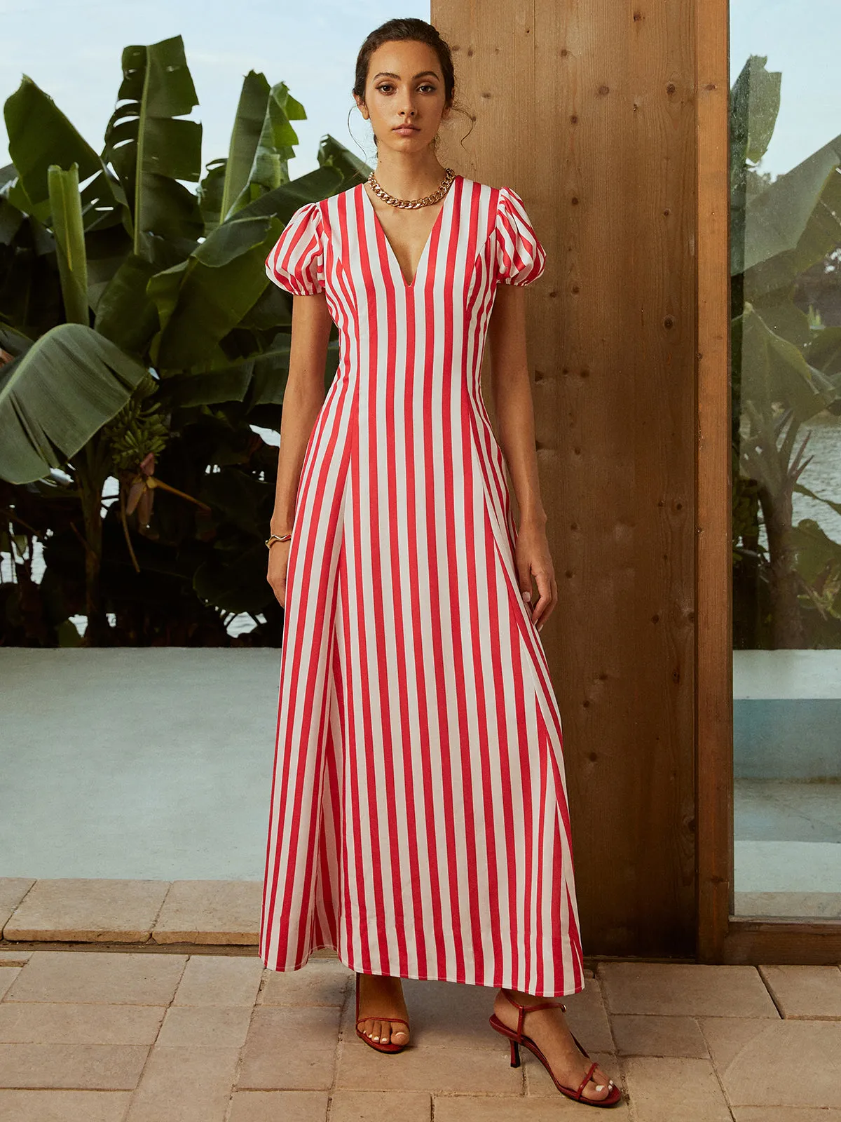 Striped V-Neck Puff Sleeves Pockets Long Dress sold by COMMENSE product image thumbnail 3