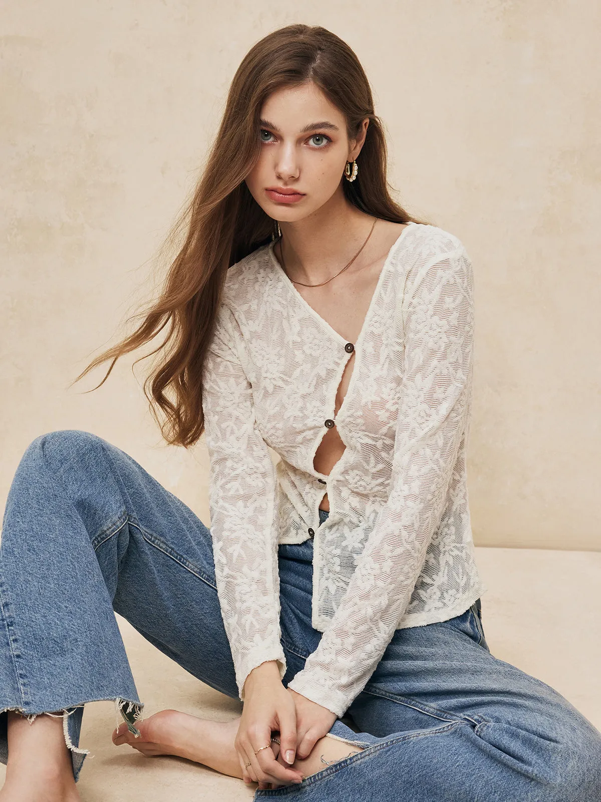 Asymmetrical Lace Long Sleeve Blouse sold by COMMENSE product image thumbnail 4
