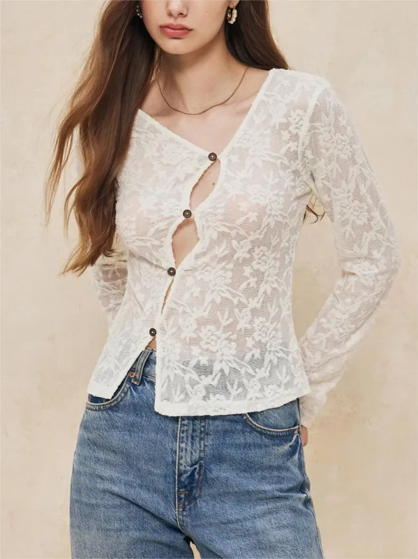 Asymmetrical Lace Long Sleeve Blouse sold by COMMENSE