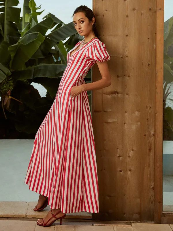 Striped V-Neck Puff Sleeves Pockets Long Dress sold by COMMENSE