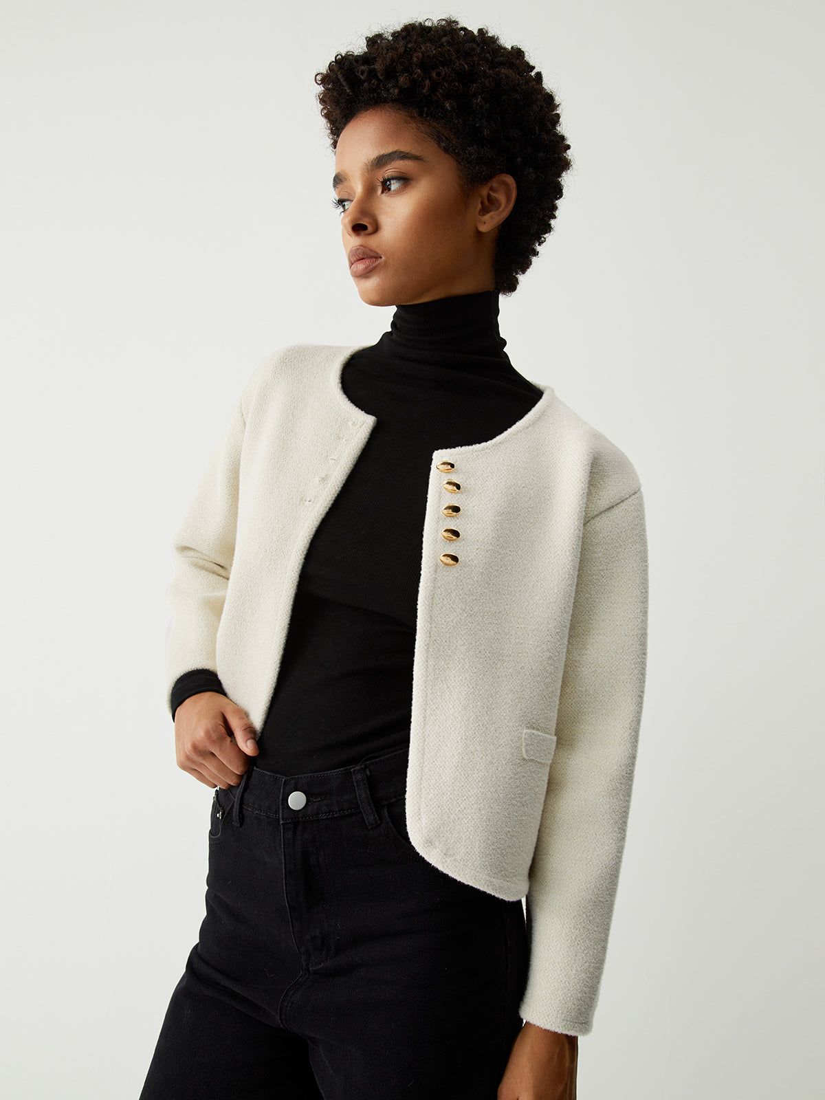 Cream Half Button Detail Cardigan sold by COMMENSE