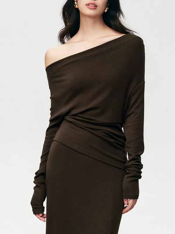 Asymmetric Off Shoulder Long Sleeve Shirt sold by COMMENSE