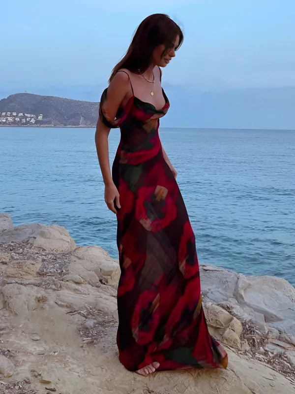Sheer Floral Print Cami Long Dress sold by COMMENSE