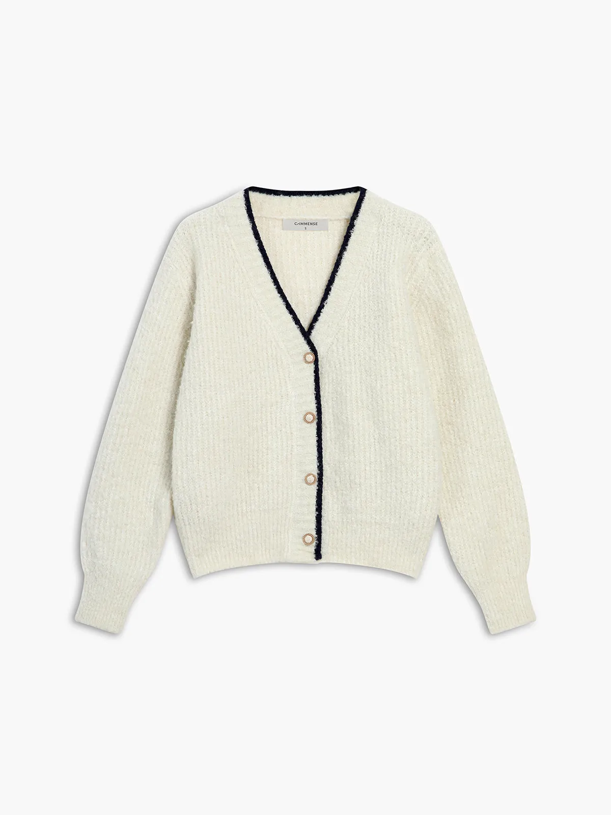 Contrast Trim Pearl Button Cardigan sold by COMMENSE