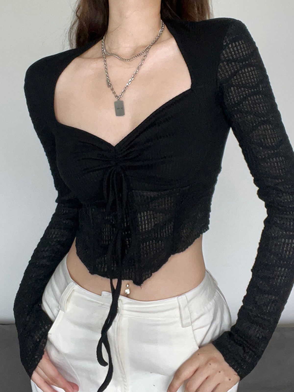 Mesh Long Sleeve Corset Crop Shirt sold by COMMENSE