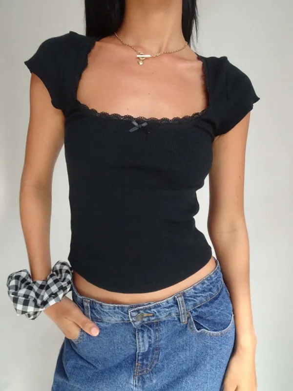 Like That Lace Trim Cap Sleeve Crop Top sold by COMMENSE