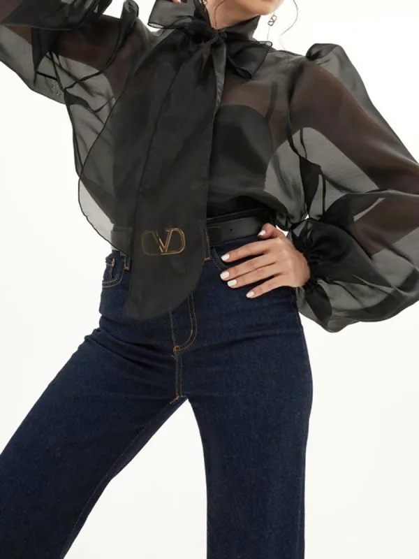 Tie Neck Sheer Net Shirt sold by COMMENSE