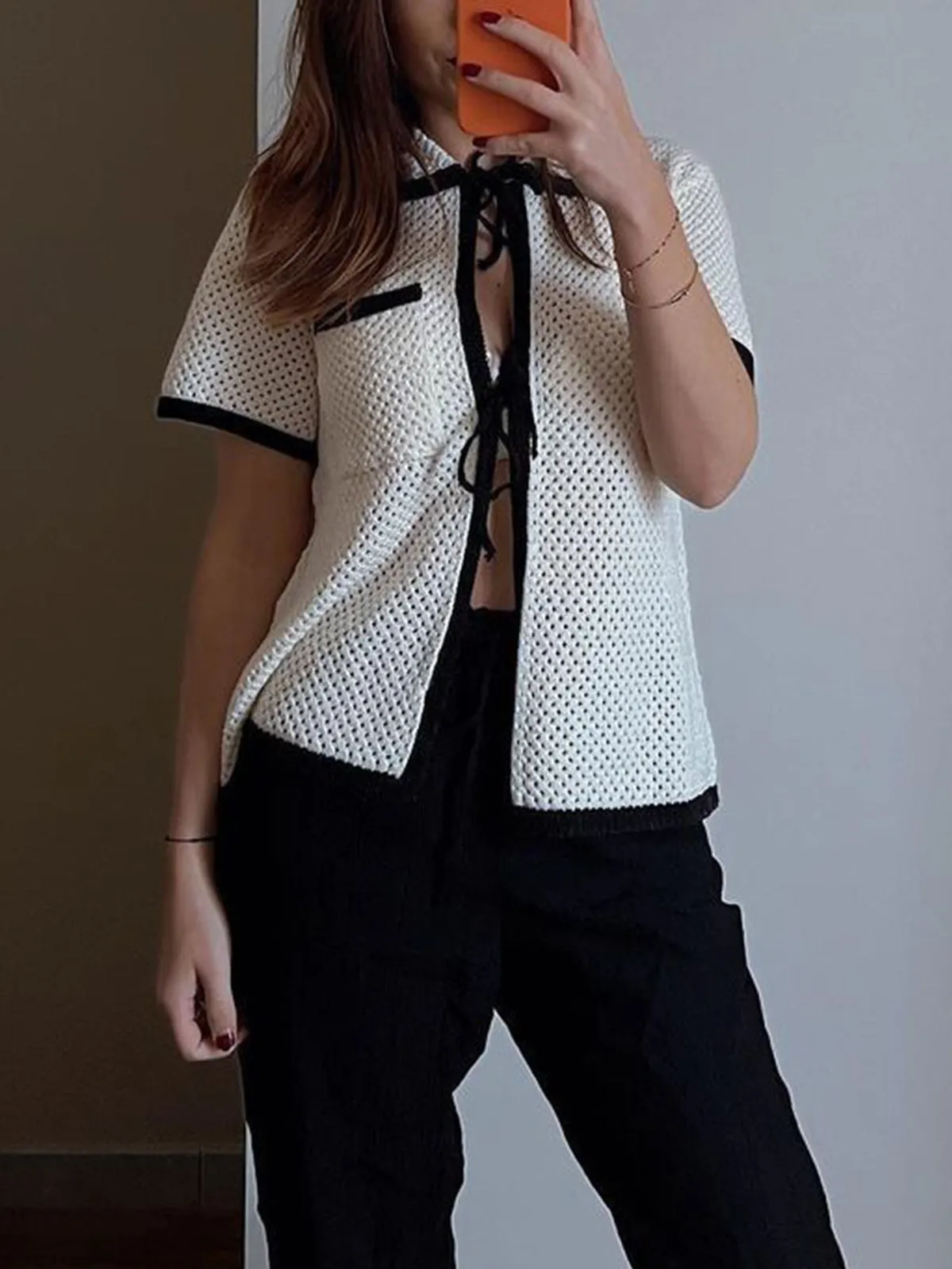 Eyelet Contrast Trim Tie-Front Cardigan sold by COMMENSE