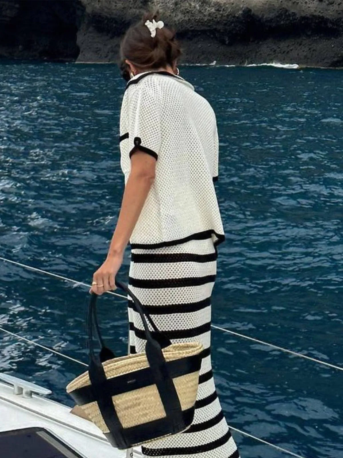 Eyelet Contrast Trim Tie-Front Cardigan sold by COMMENSE product image thumbnail 2